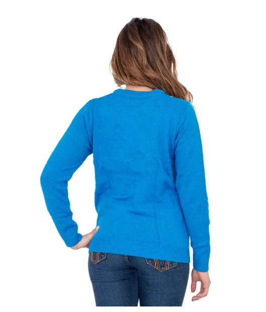Blue knit sweater back view with crew neck and long sleeves; no front graphic visible