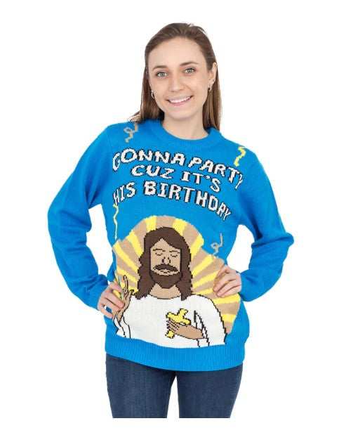 Blue knit sweater front with bold birthday text and Jesus face graphic