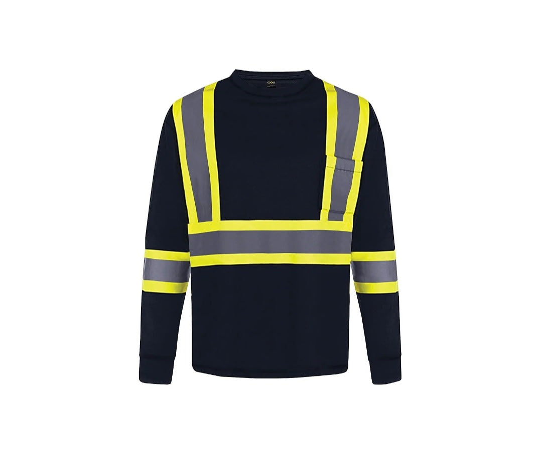 Dark navy long-sleeve safety mesh T-shirt with yellow reflective stripes