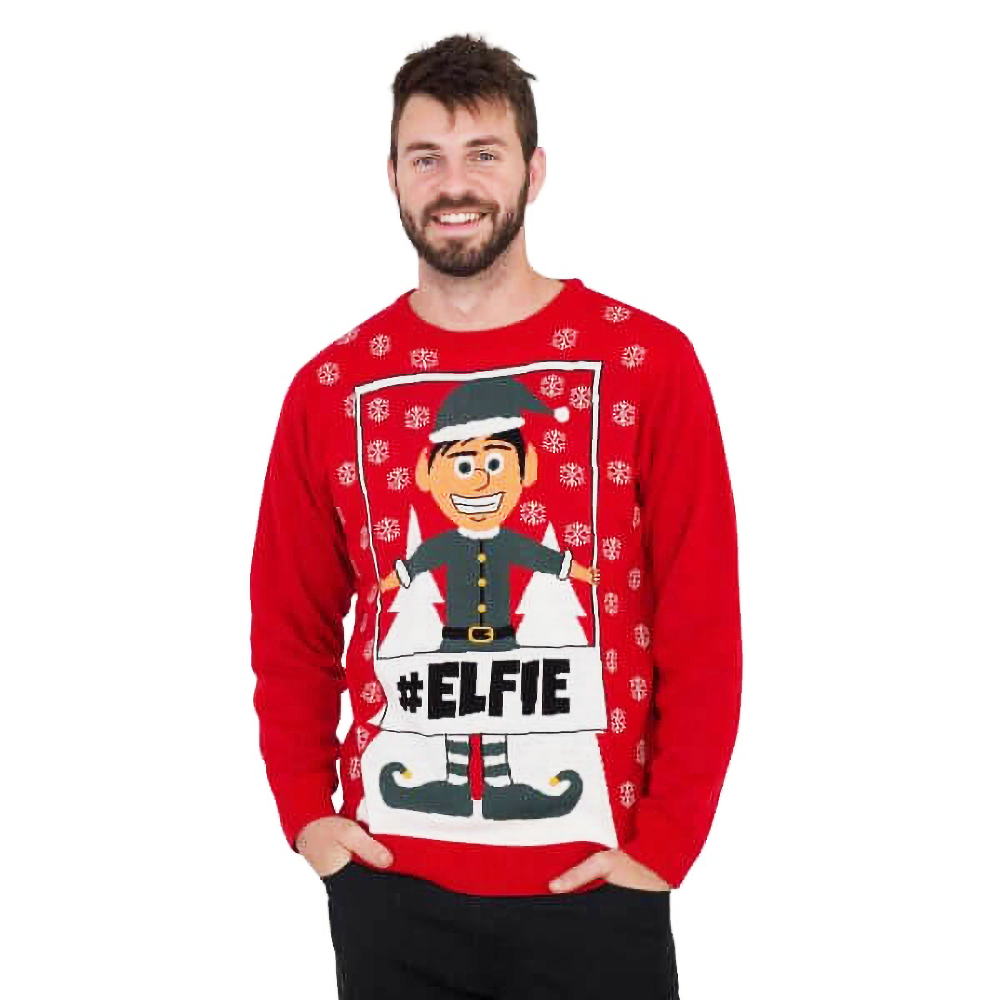 Red elf hashtag sweater with crew neck, long sleeves, and #ELFIE graphic front
