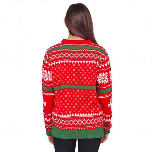 Red Christmas sweater back with repeating snowflake and reindeer pattern, ribbed hem