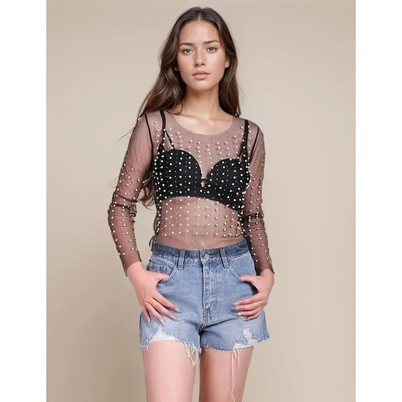 Pearl Rhinestone Studded See Through Mesh Crop Top