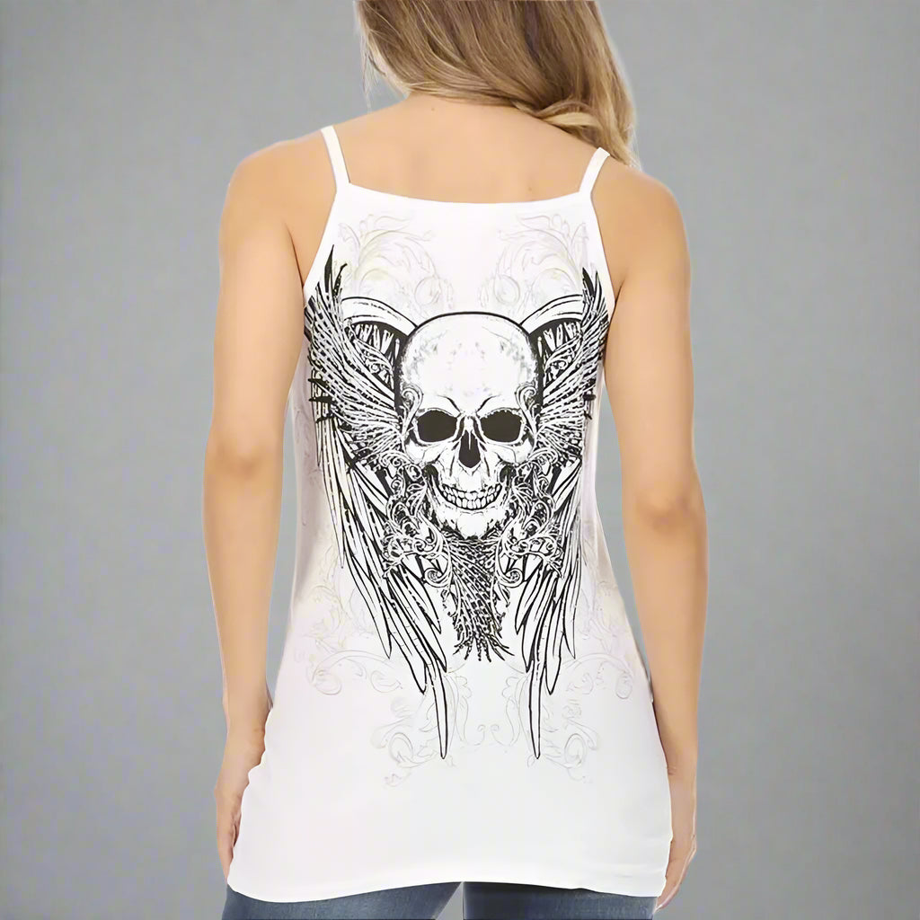 White skull and wings tank top for women, back view, thin straps