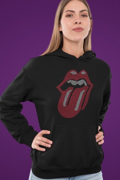 Rolling Stones Tongue Rhinestone Shirt – Iconic Lips & Tongue Sparkle Bling Tee | Bling Dazzel Hoodie Black