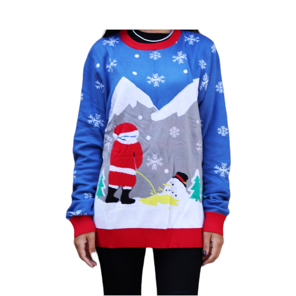 Blue holiday sweater front with Santa and snowflake print, red ribbed cuffs and hem