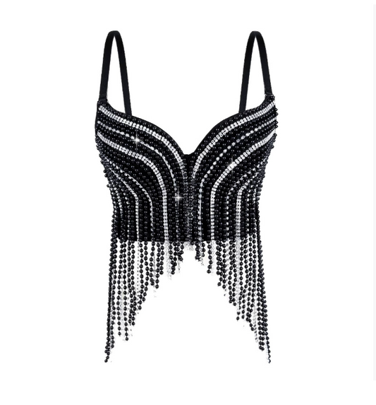 Pearl Diamond Chain Bra Top – Rhinestone Heart Neckline Lingerie Black