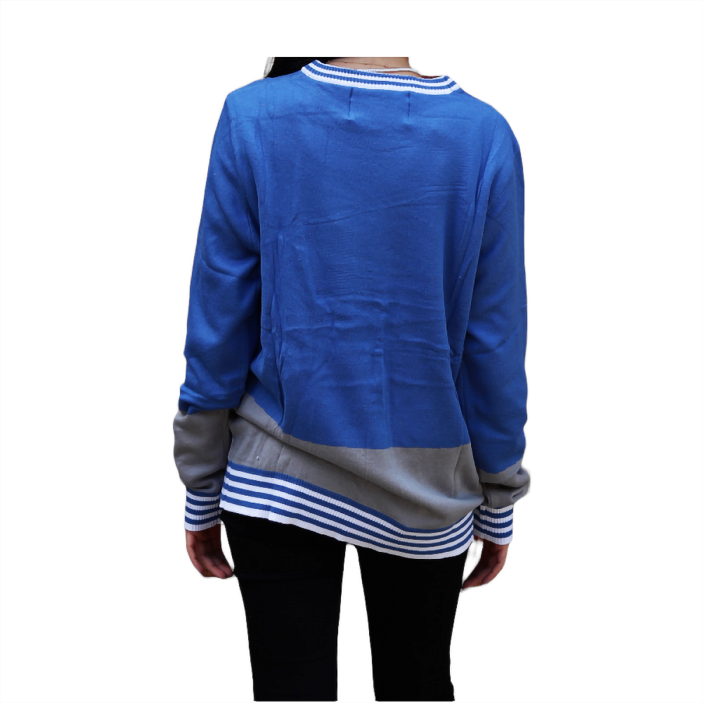 Blue Christmas sweater back view with crew neck and striped cuffs and hem
