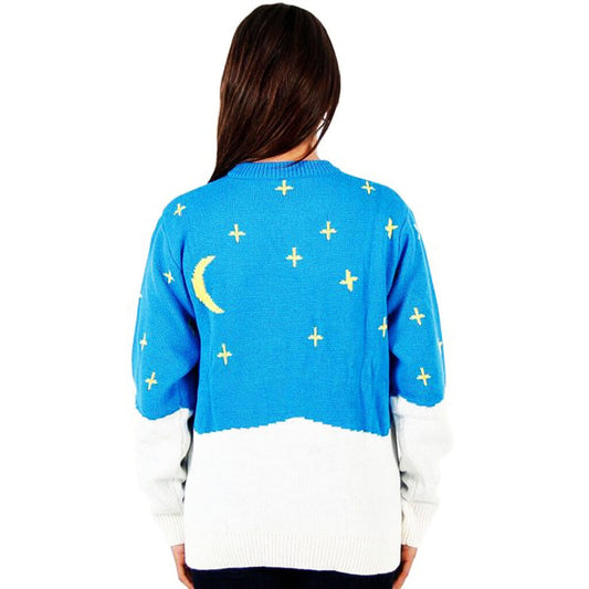 Back view of blue sweater with moon and plus-star pattern, white ribbed cuffs/hem