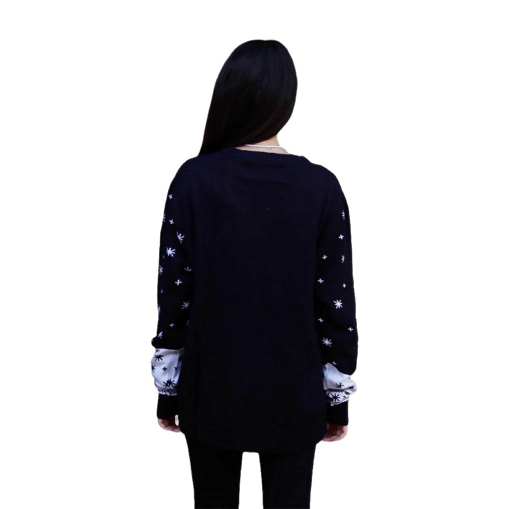 Dark navy sweater back with elf motif, snowflakes, and ribbed cuffs