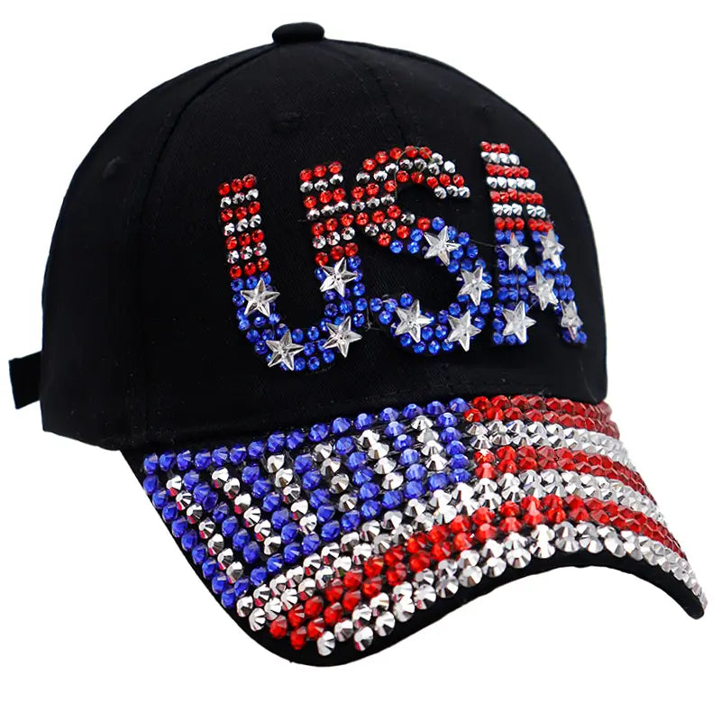 USA American Flag Bling Rhinestone Baseball Cap