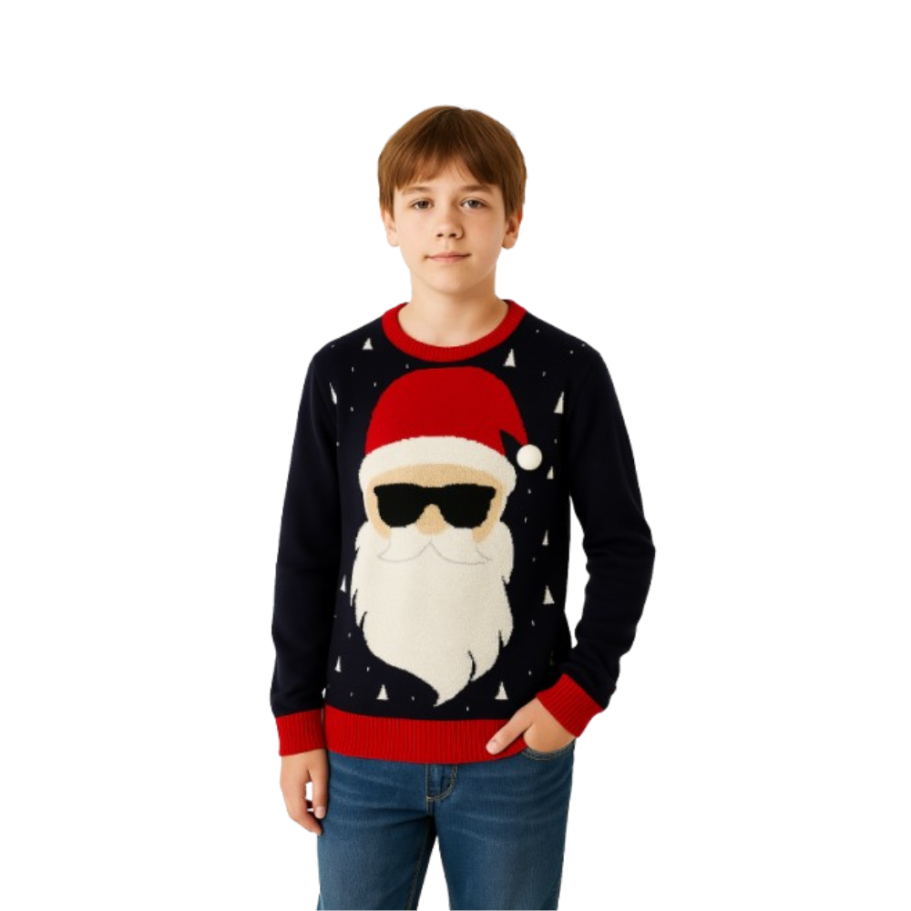 Kids navy Santa graphic sweater with red ribbed trim and pom-pom hat design