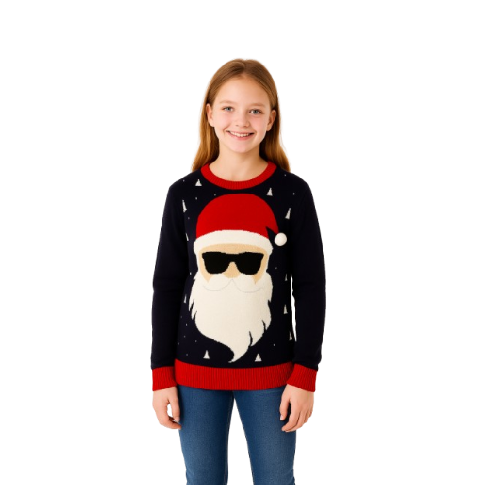 Kids Santa graphic sweater, dark navy with red cuffs and pom-pom hat design