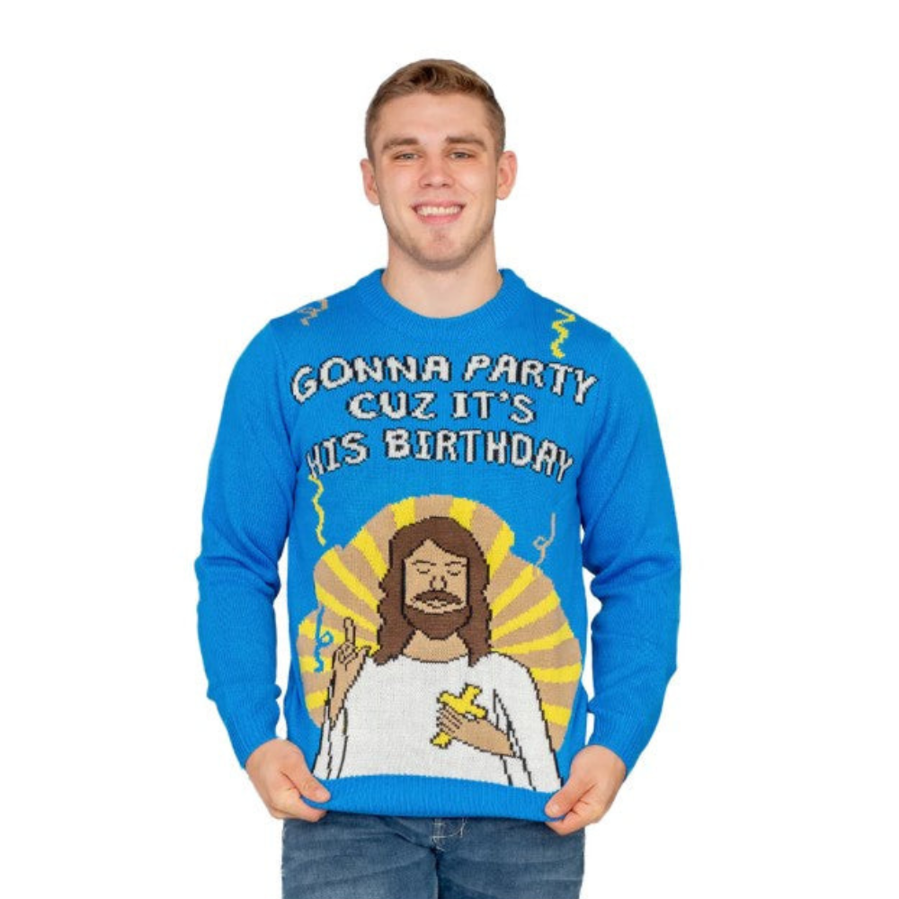 Blue knit Jesus birthday graphic sweater with slogan and nativity-style illustration