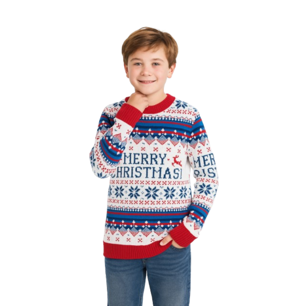 Boys' Fair Isle Christmas sweater with 'Merry Christmas' print and red ribbed cuffs
