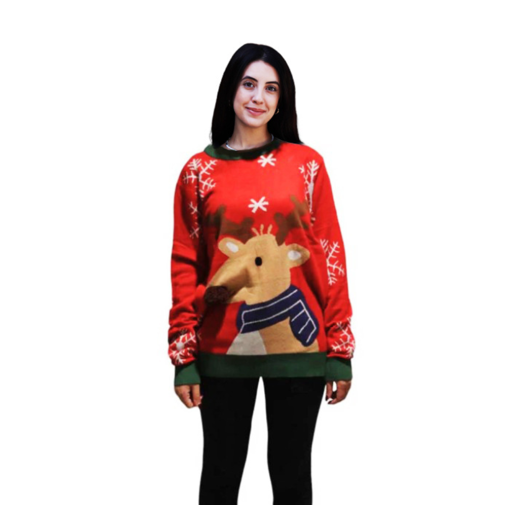 Red reindeer holiday sweater with long sleeves, crew neck, and snowflake motifs