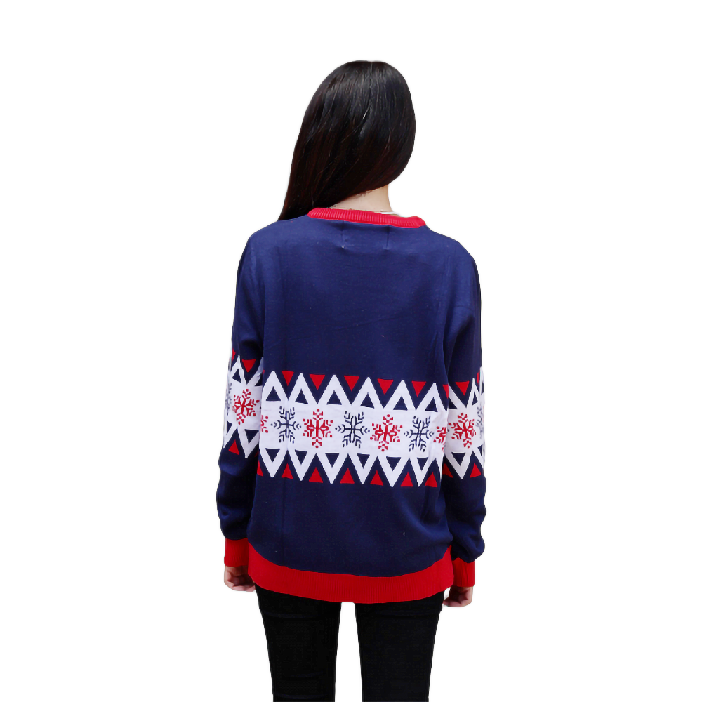 Vintage Santa sweater, navy blue with red trim and back knit snowflake pattern