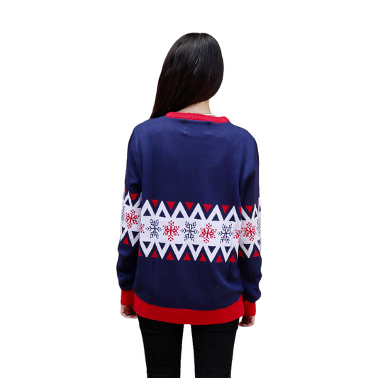 Vintage Santa sweater, navy blue with red trim and back knit snowflake pattern