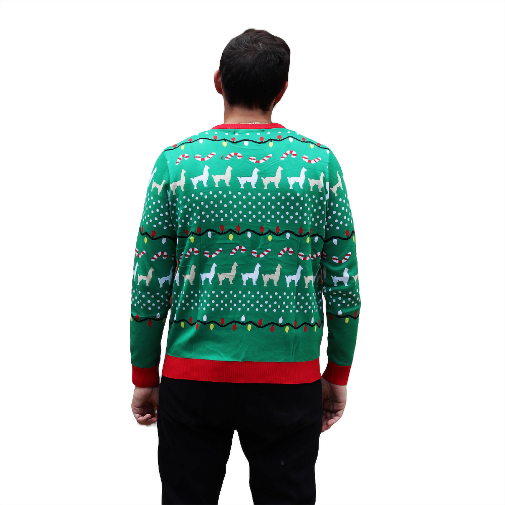 Men's green llama sweater with red trim and back llama pattern