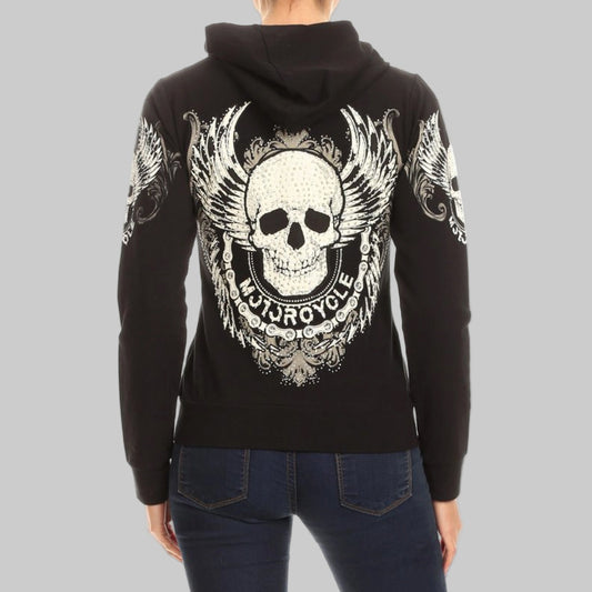 Women's motorcycle rhinestone skull & wings zip-up hoodie in Black – Rhinestone Hoodie by Boutique of Leathers/Open Road