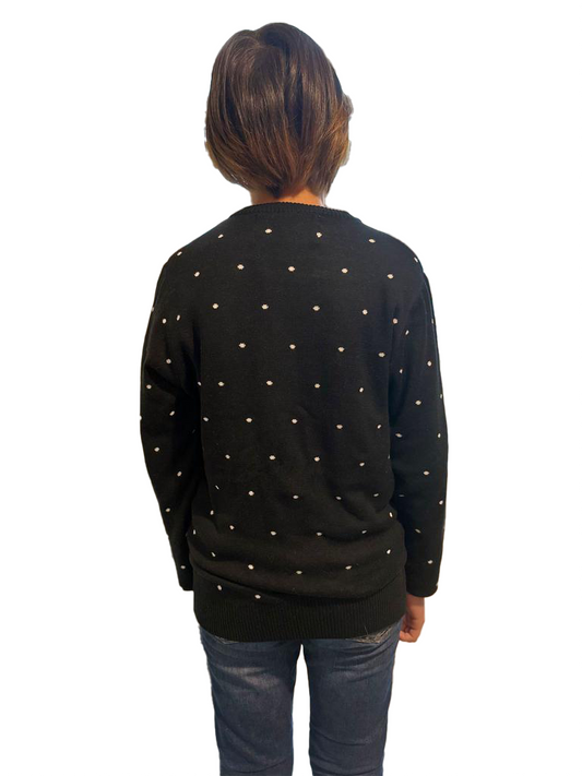 Boys back reindeer sweater, black with small gold dots and crew neck