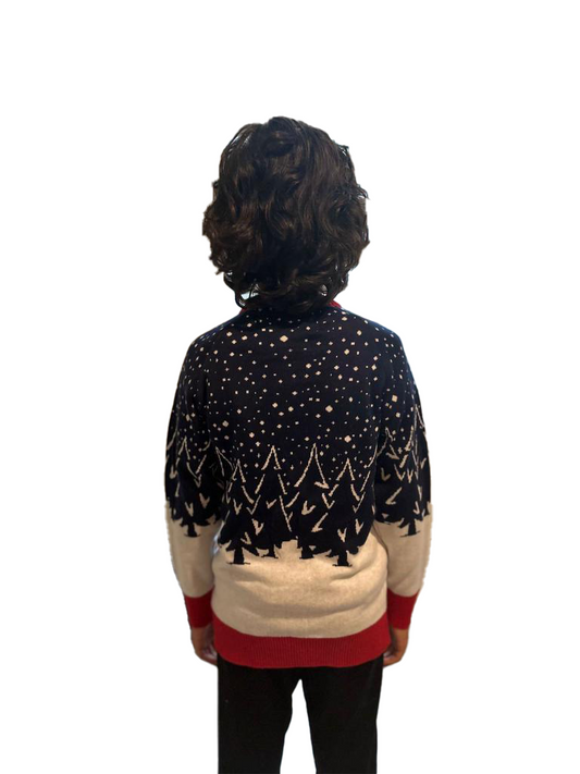 Boys' festive sweater back view with reindeer silhouettes and red cuffs, dark base