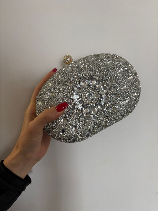Rhinestone Oval Evening Clutch – Metallic Chain Shoulder Bag Black