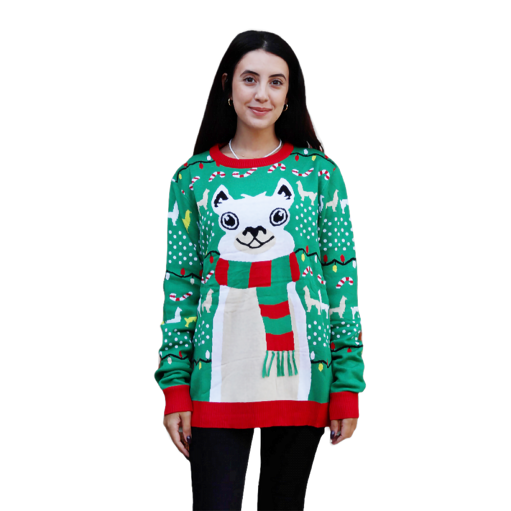 Green llama graphic sweater with striped scarf, crew neck, and long sleeves
