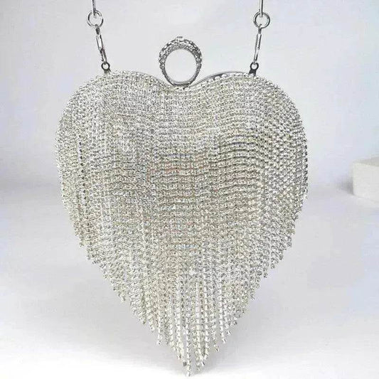 Silver heart-shaped rhinestone chain tassel handbag with top handles and ring clasp