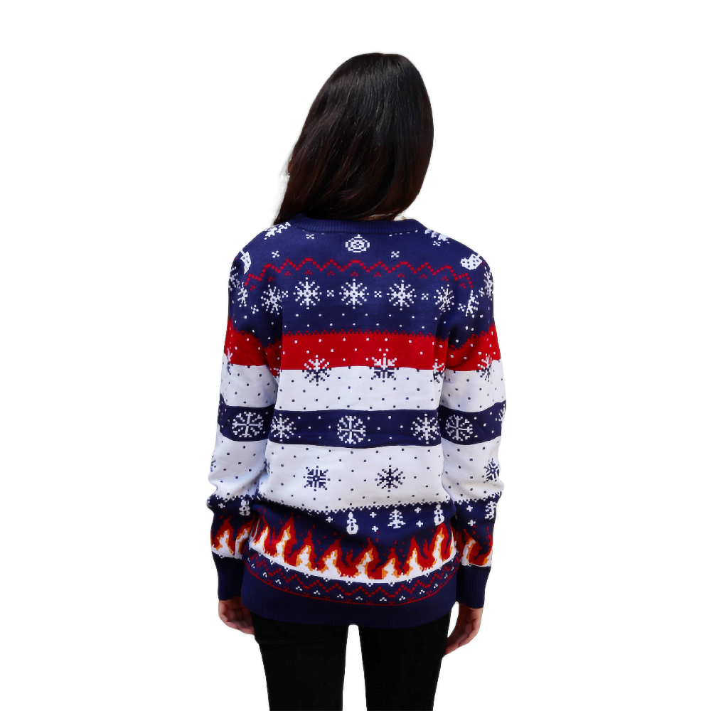 Navy holiday sweater with rear snowflake stripe print and flaming hem graphic