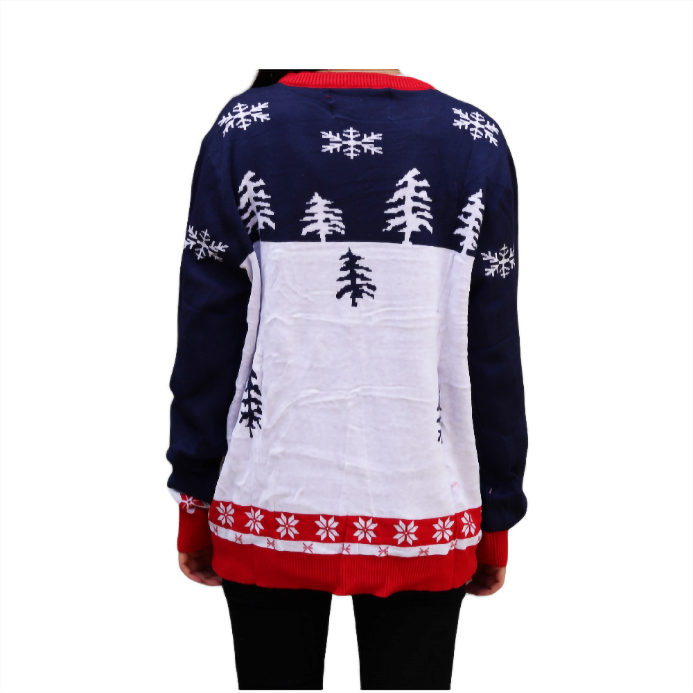 Christmas knit sweater back, navy sleeves with tree prints, white yoke, red hem