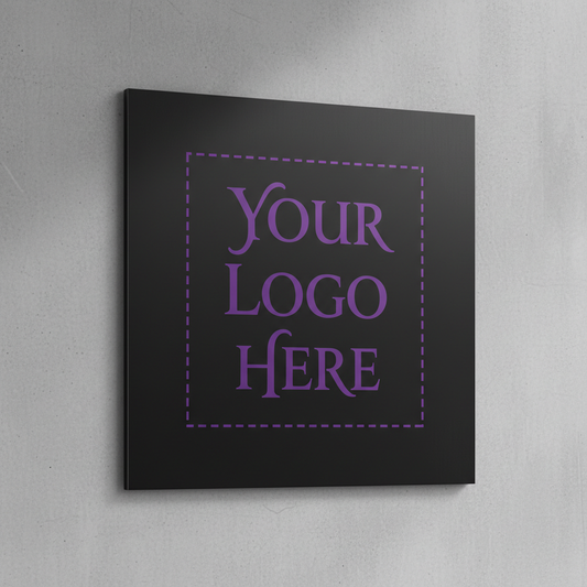 Black square custom sign with purple dashed border and placeholder text