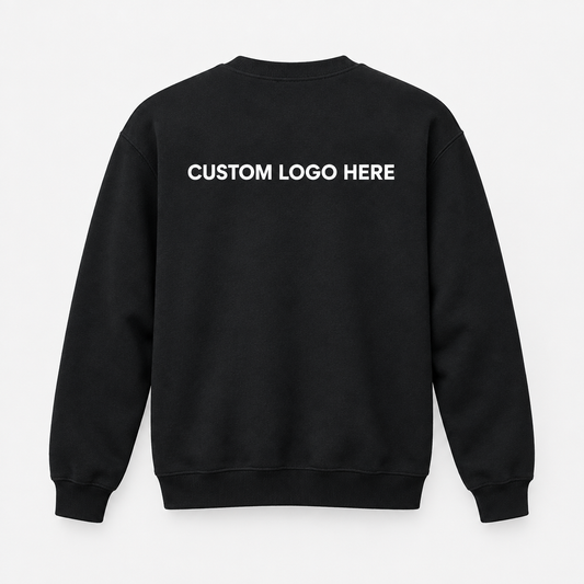 Black crew neck sweater, full back with custom logo print