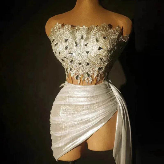 Strapless Tassle Corset dress Women's Tube Top Rhinestone Chain Skirt Outfit for Evening party Cocktail event