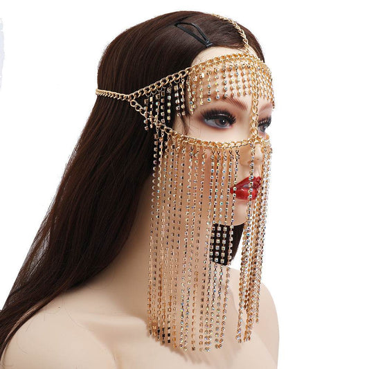 Punk Rhinestone Tassel Fringed Face Mask Head Chains