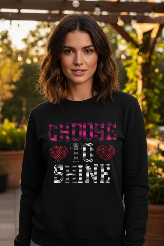 Black crewneck sweatshirt with rhinestone 'Choose to Shine' hearts graphic