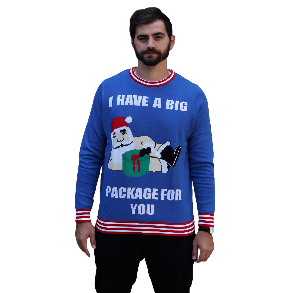 Blue crewneck sweater with striped cuffs and bold front graphic text 'I HAVE A BIG PACKAGE'
