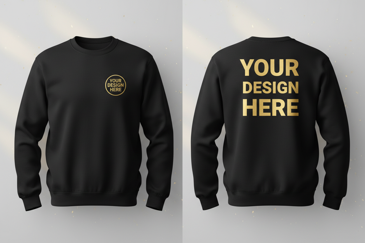 Black crew neck sweater with small gold chest logo and large gold back text