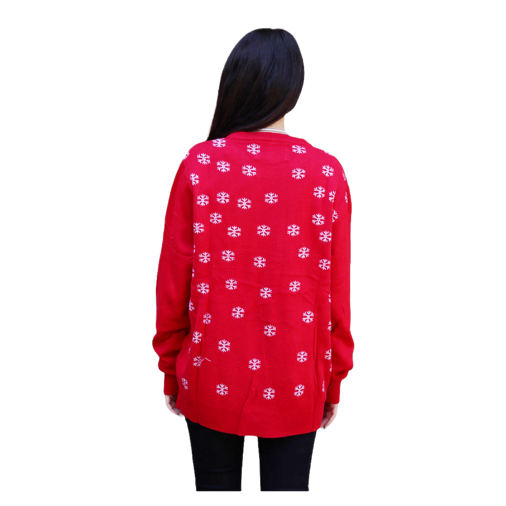 Elfie Hashtag sweater, red knit back with repeating snowflake pattern