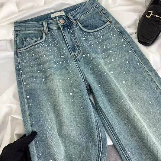 Starry Diamond In The Debris Rhinestone Straight Baggy Jeans Pant For Women