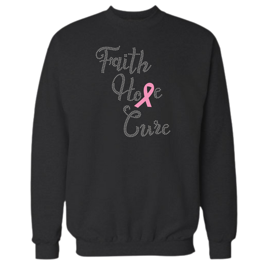 Faith Hope Cure Breast Cancer Rhinestone Shirt – Pink Ribbon Sparkle Bling Tee | Blingdazzel CREW NECK SWEATER