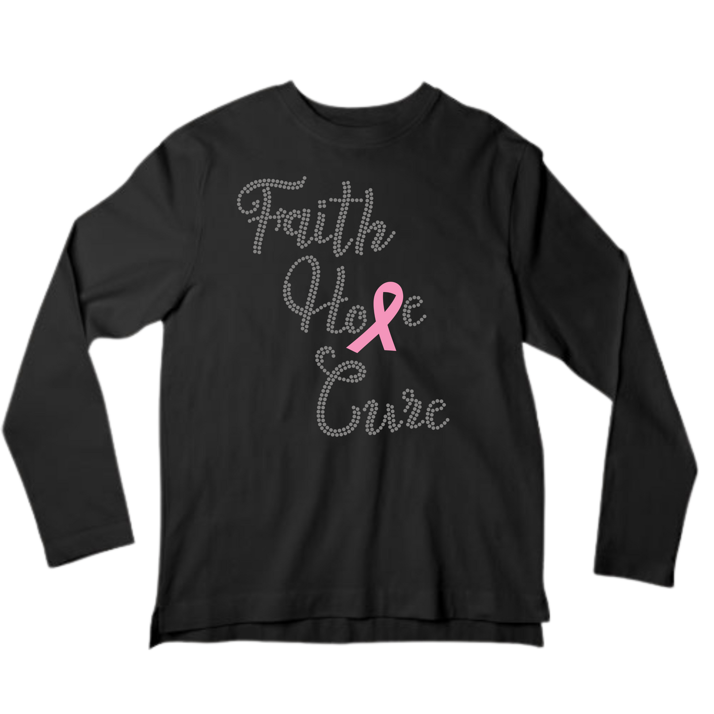 Black long-sleeve T-shirt with rhinestone Faith Hope Cure text and pink ribbon