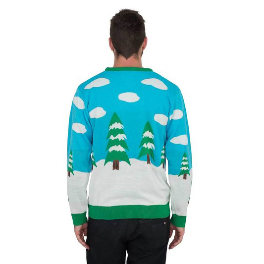 Back view: turquoise and white snowman scene sweater with trees and green ribbed hem