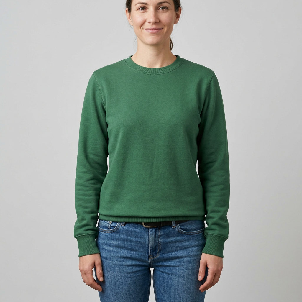 Green crew neck sweatshirt with long sleeves, ribbed cuffs and hem.