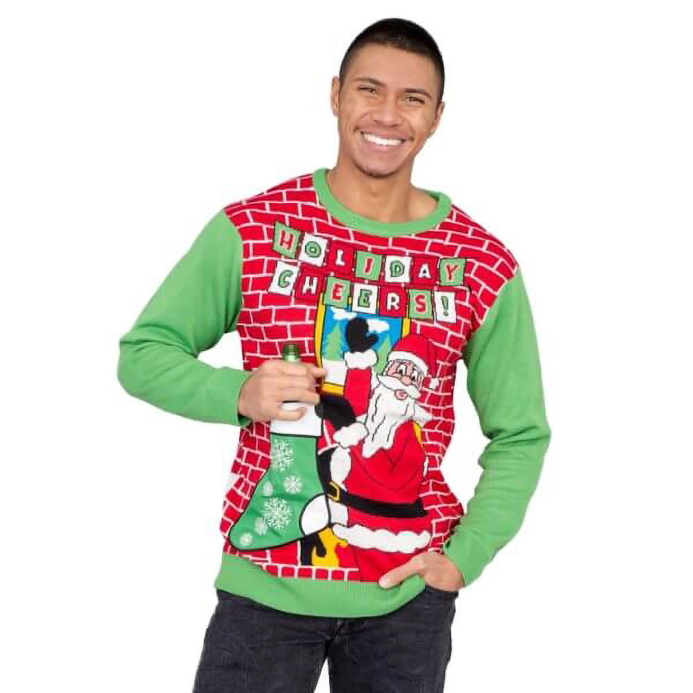 Christmas holiday sweater with Santa holding beer and green sleeves, festive red brick pattern