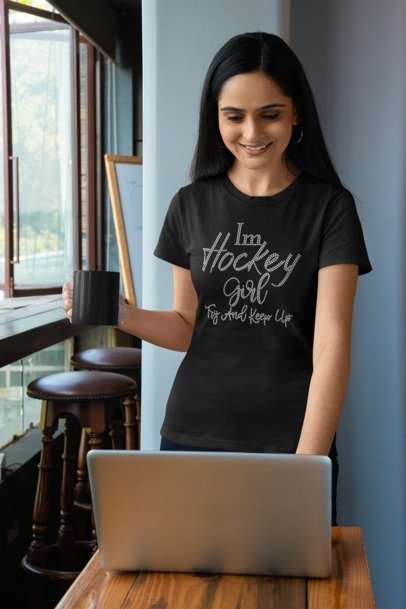 Blingdazzel Rhinestone Hockey Shirt – “I’m a Hockey Girl, Try to Keep Up” Sparkle Black Tee