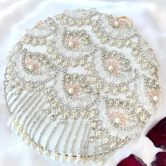 Tara Beaded Silk Clutch – Hand Embroidered Evening Bag with Tassels