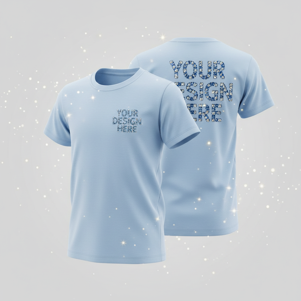 Youth light blue t-shirt with short sleeves, front and back custom logo design.