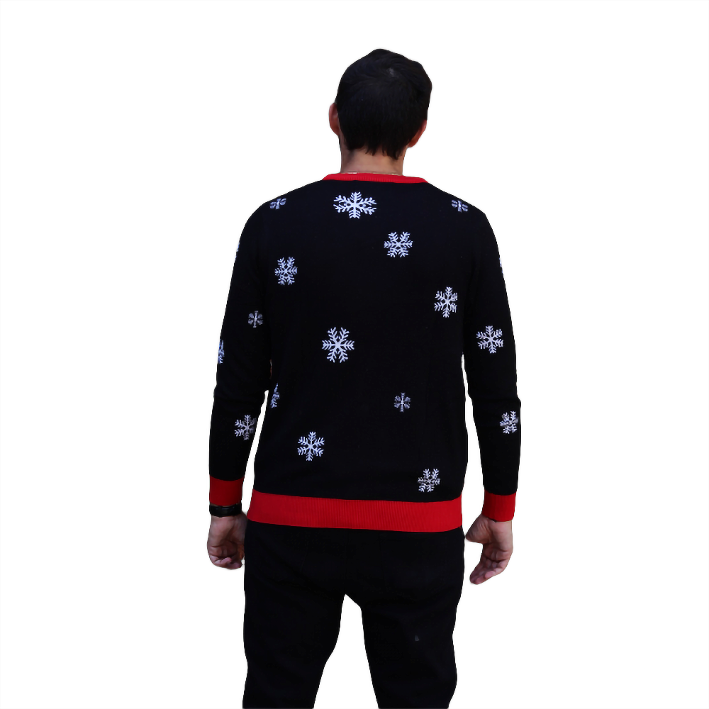 Men's black Christmas sweater back with red waistband and scattered snowflake print