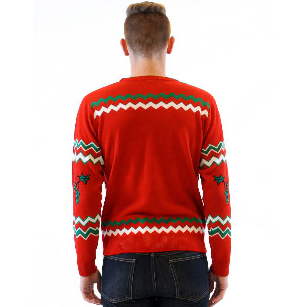Red crewneck sweater with zigzag sleeves and back graphic