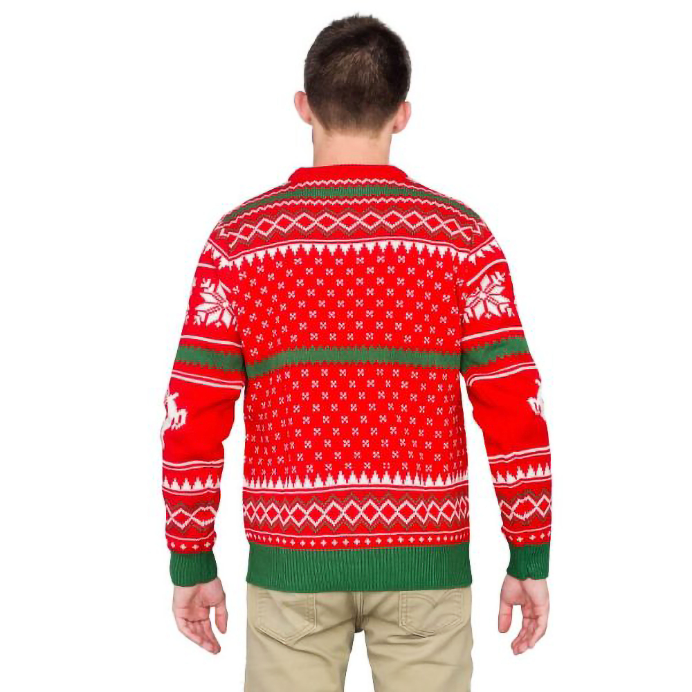 Red Christmas sweater, back view with snowflake and reindeer pattern, green trim at cuffs